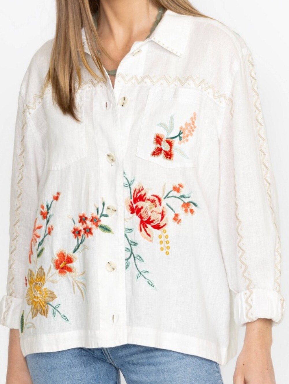 Johnny Was White Linen Embroidered Floral Button-Down Shirt NWOT- Size M